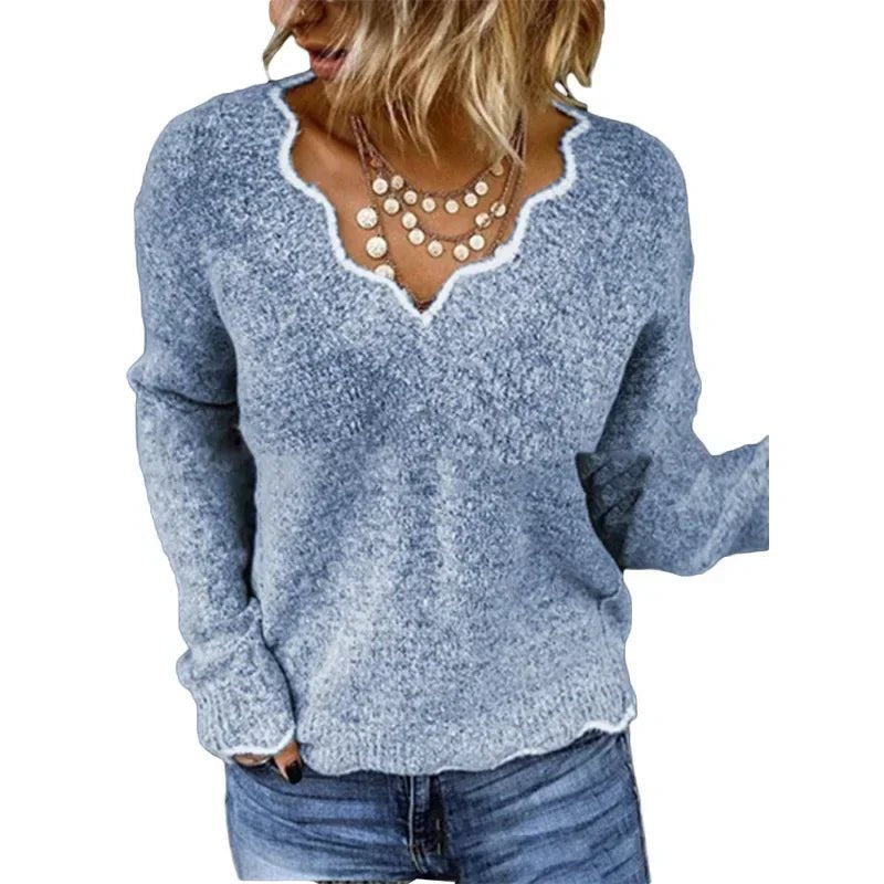Women's V-Neck Wool Sweater - Blue