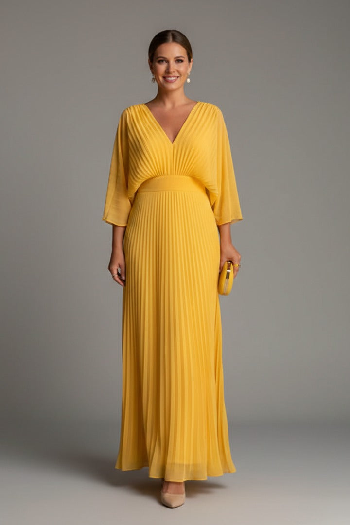 Pleated Kimono Sleeve Maxi Dress - Yellow