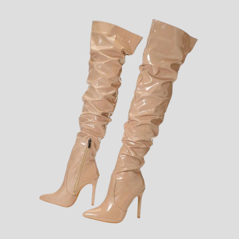 Women's Patent Leather Thigh-High Boots - Beige