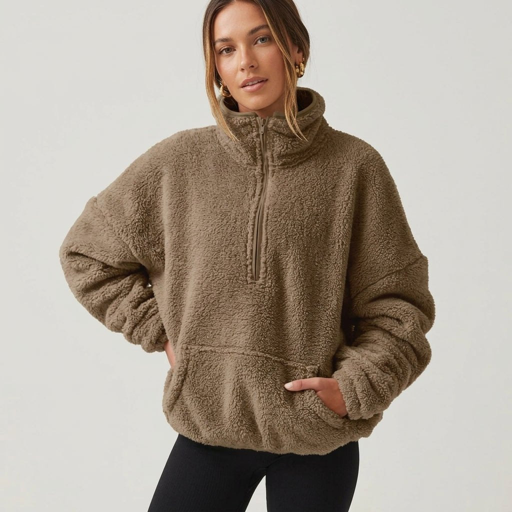 Women's Sherpa Fleece Half-Zip Pullover - Light Brown