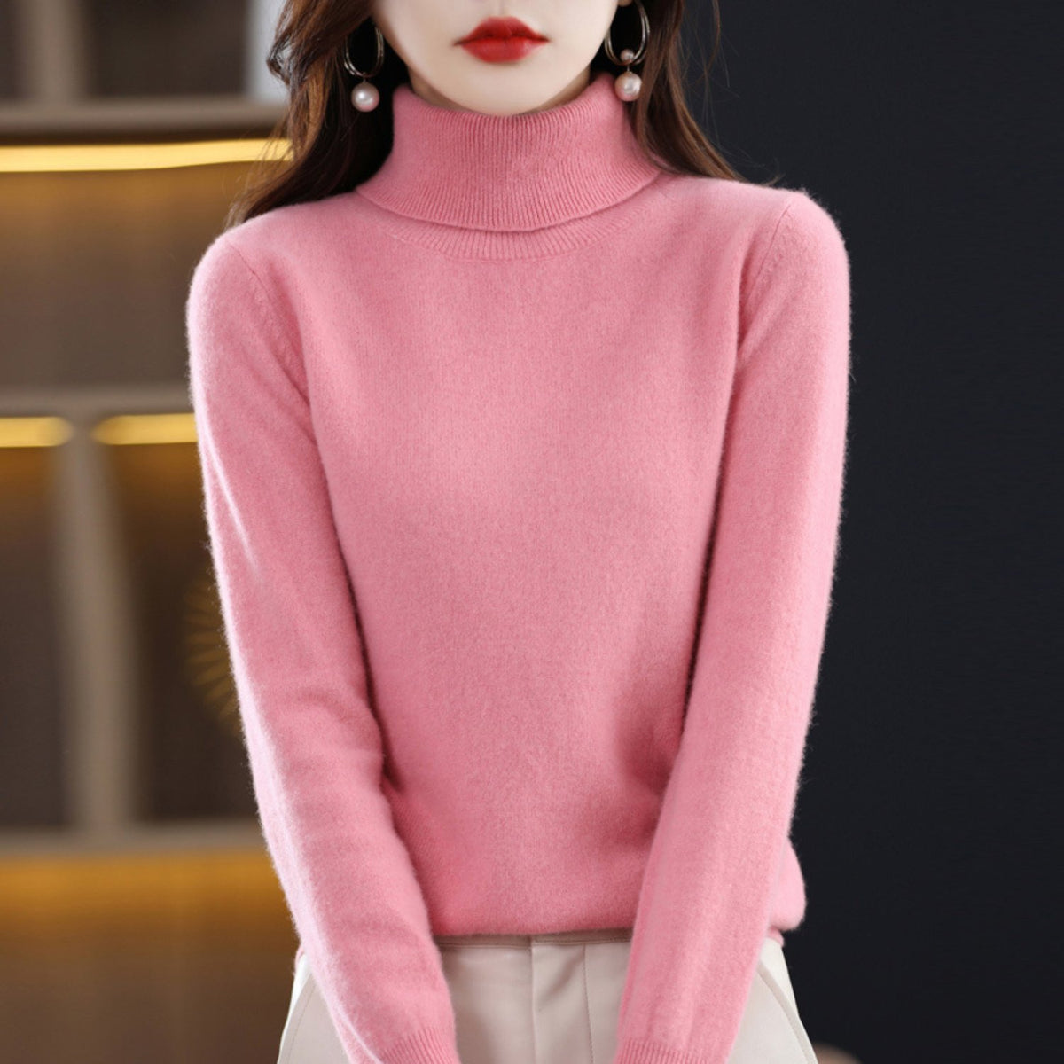 Women's Slim Cashmere Turtleneck Sweater - Pink