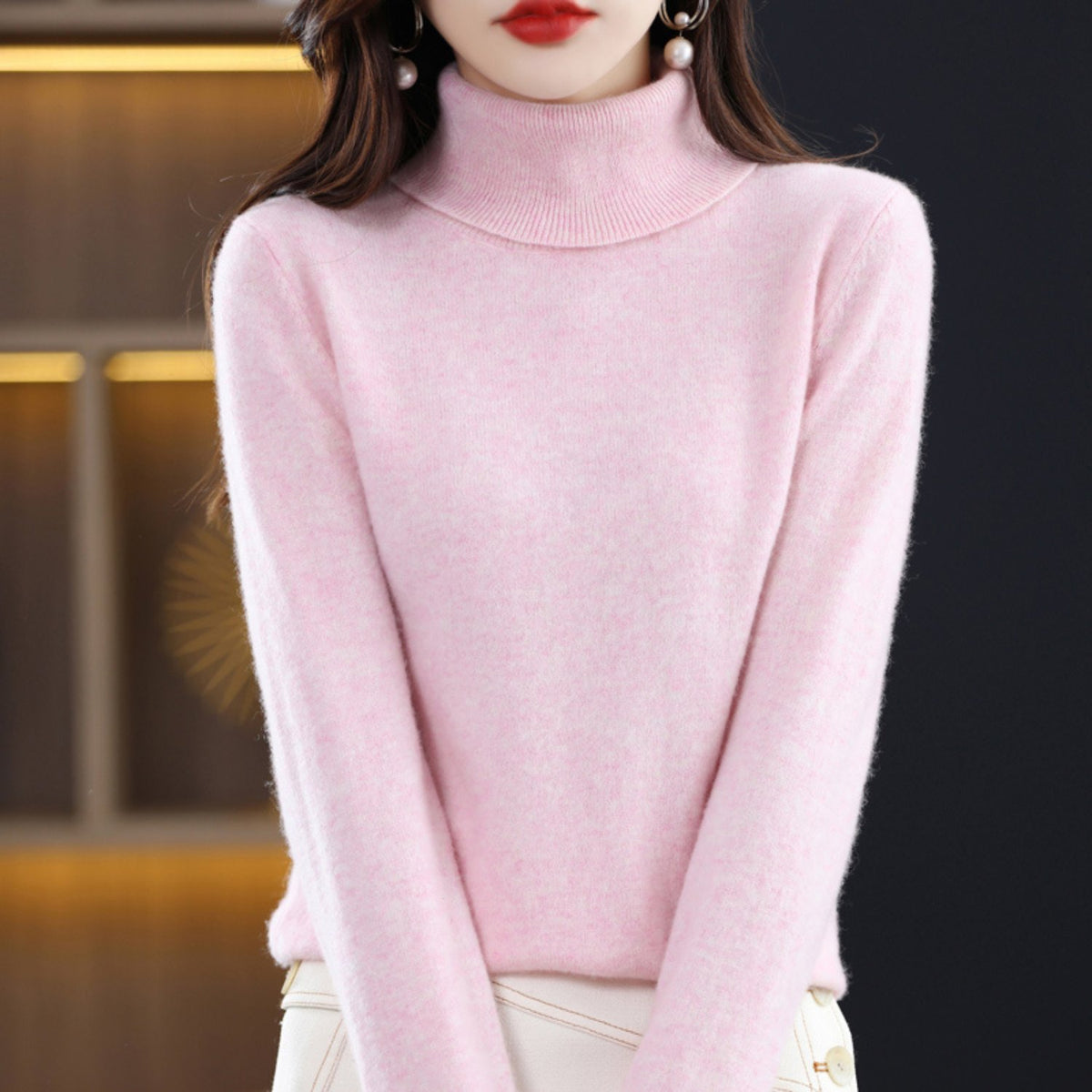Women's Slim Cashmere Turtleneck Sweater - Light pink