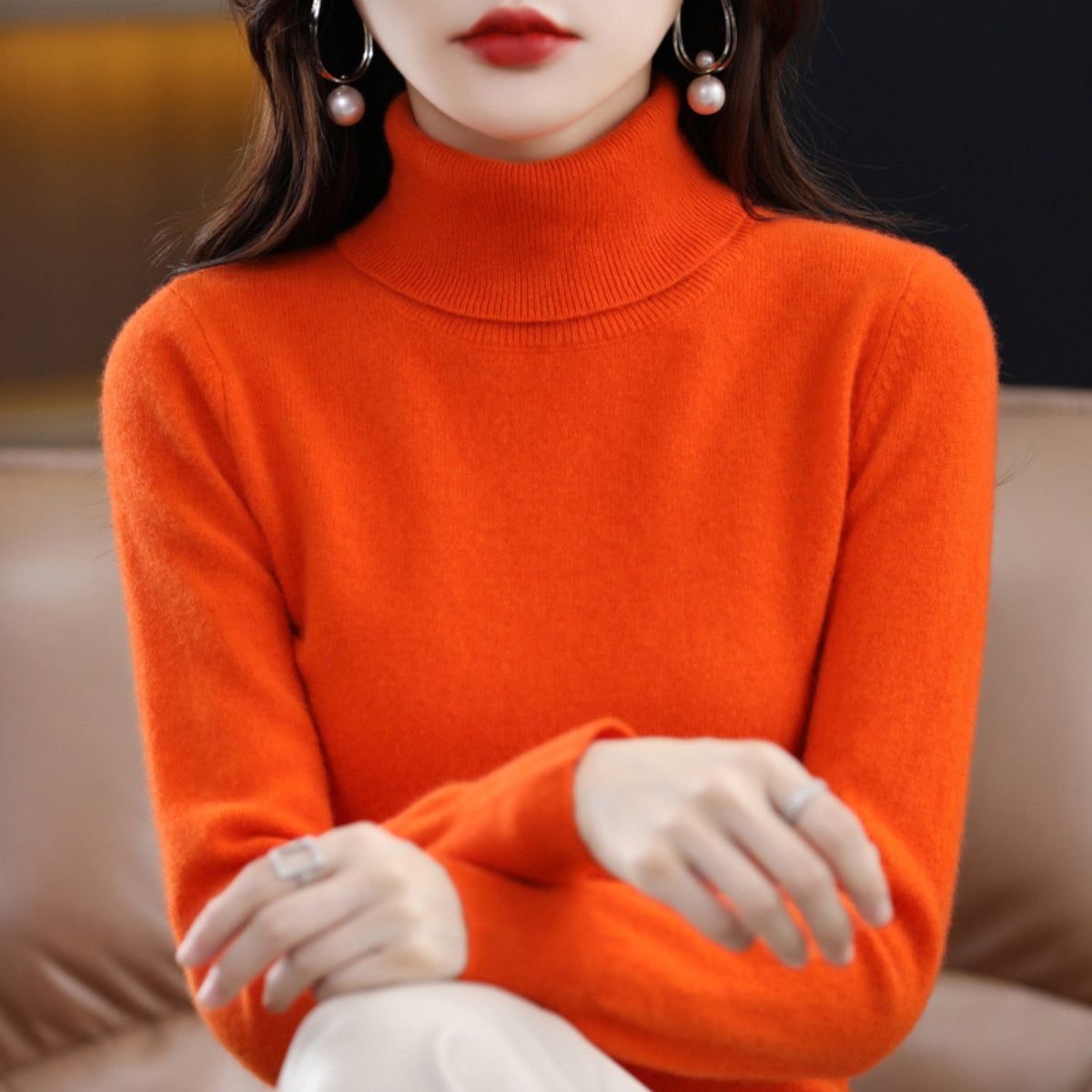 Women's Slim Cashmere Turtleneck Sweater - Orange