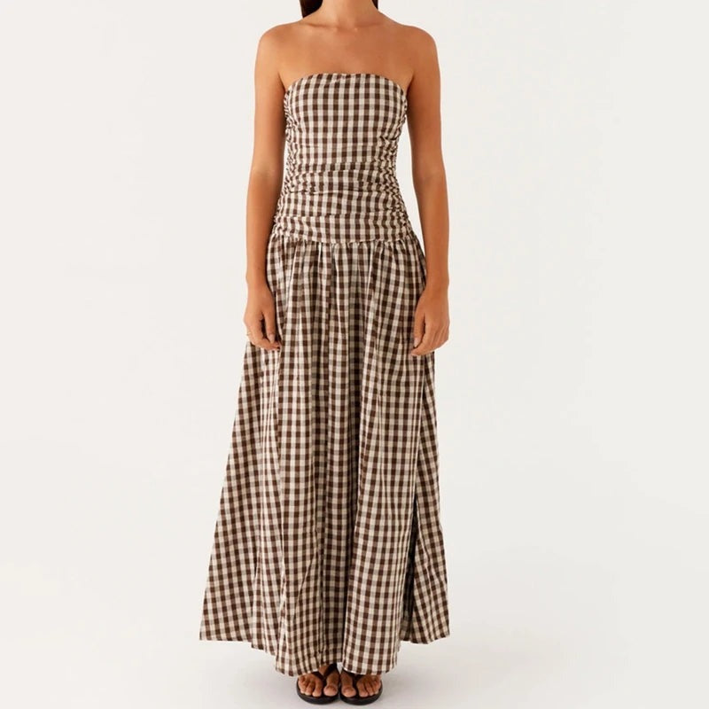 Strapless Floral Maxi Dress - Brown Checkered