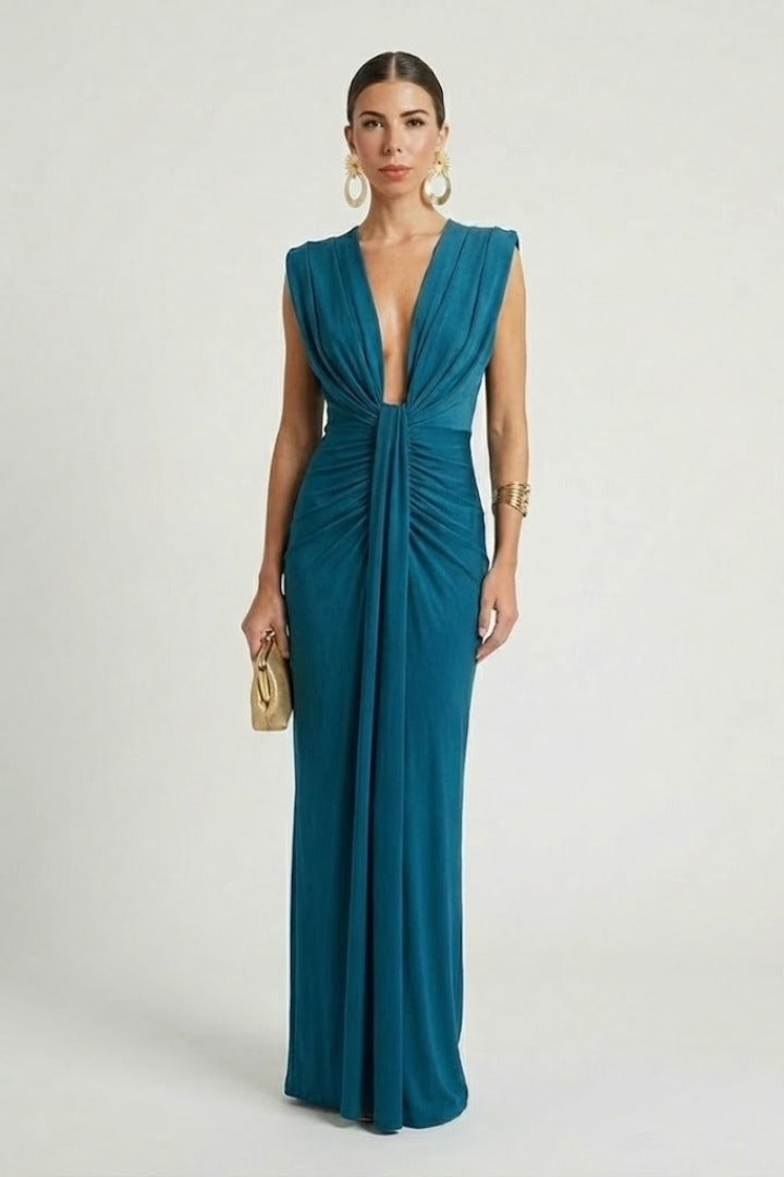 Ruched Evening Maxi Dress - Blue