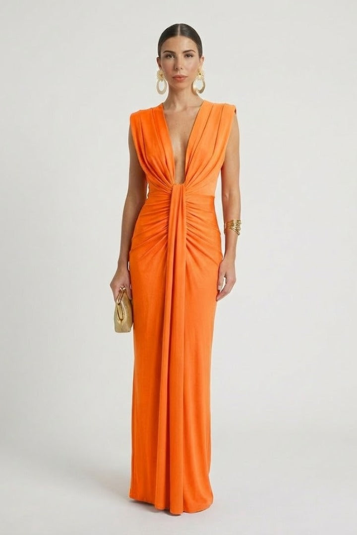 Ruched Evening Maxi Dress - Orange