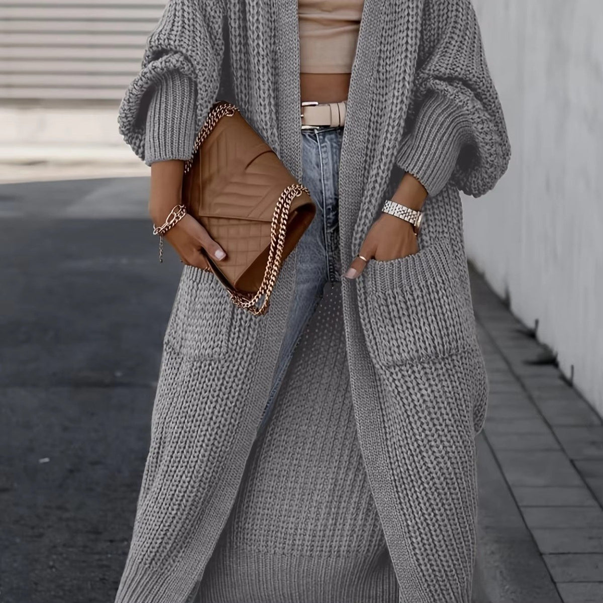 Women's Chunky Knit Longline Cardigan - Gray