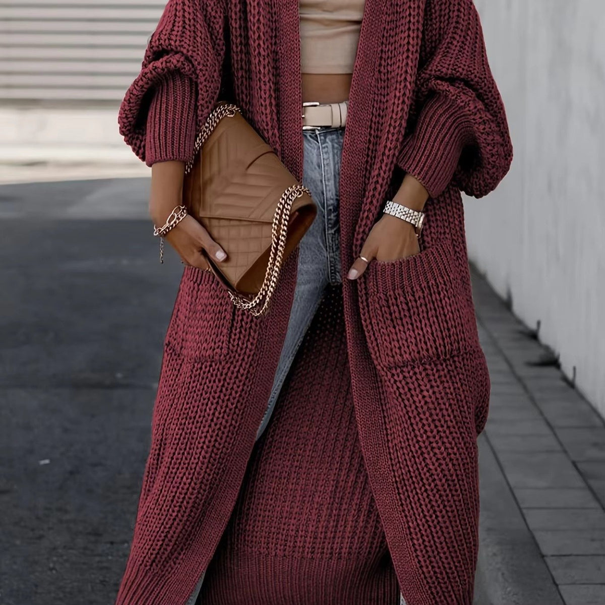 Women's Chunky Knit Longline Cardigan - Maroon