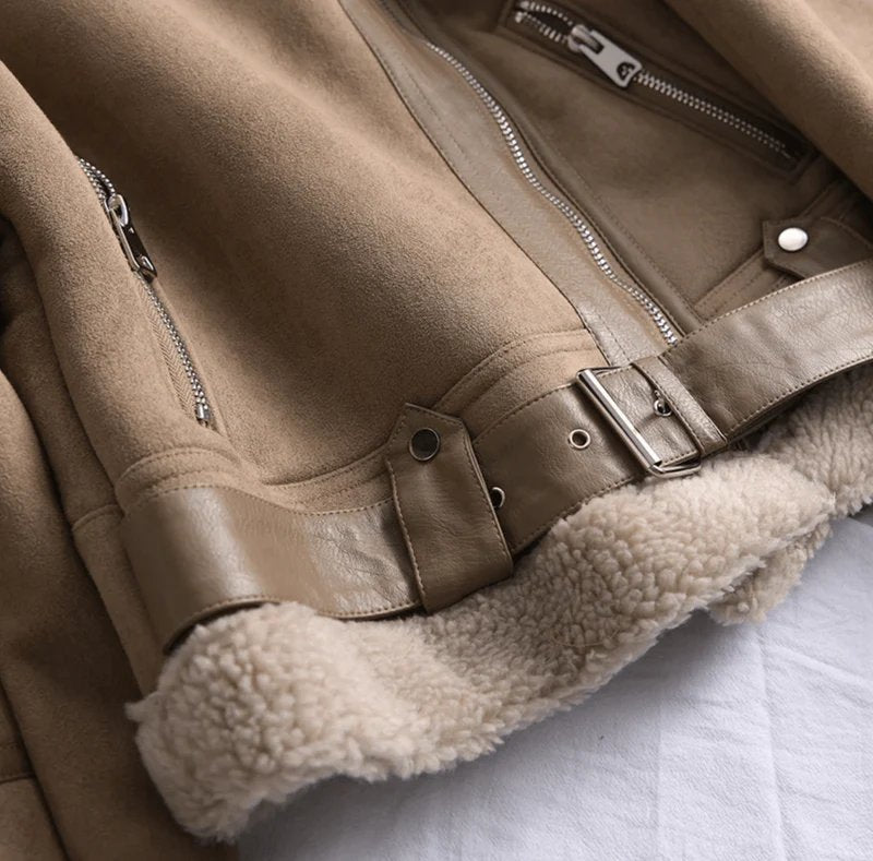 Women's Cropped Suede Aviator Faux Fur Jacket
