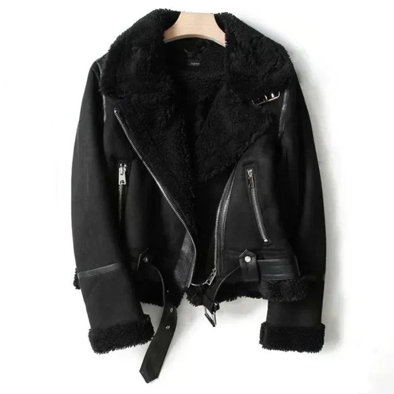 Women's Cropped Suede Aviator Faux Fur Jacket - Black