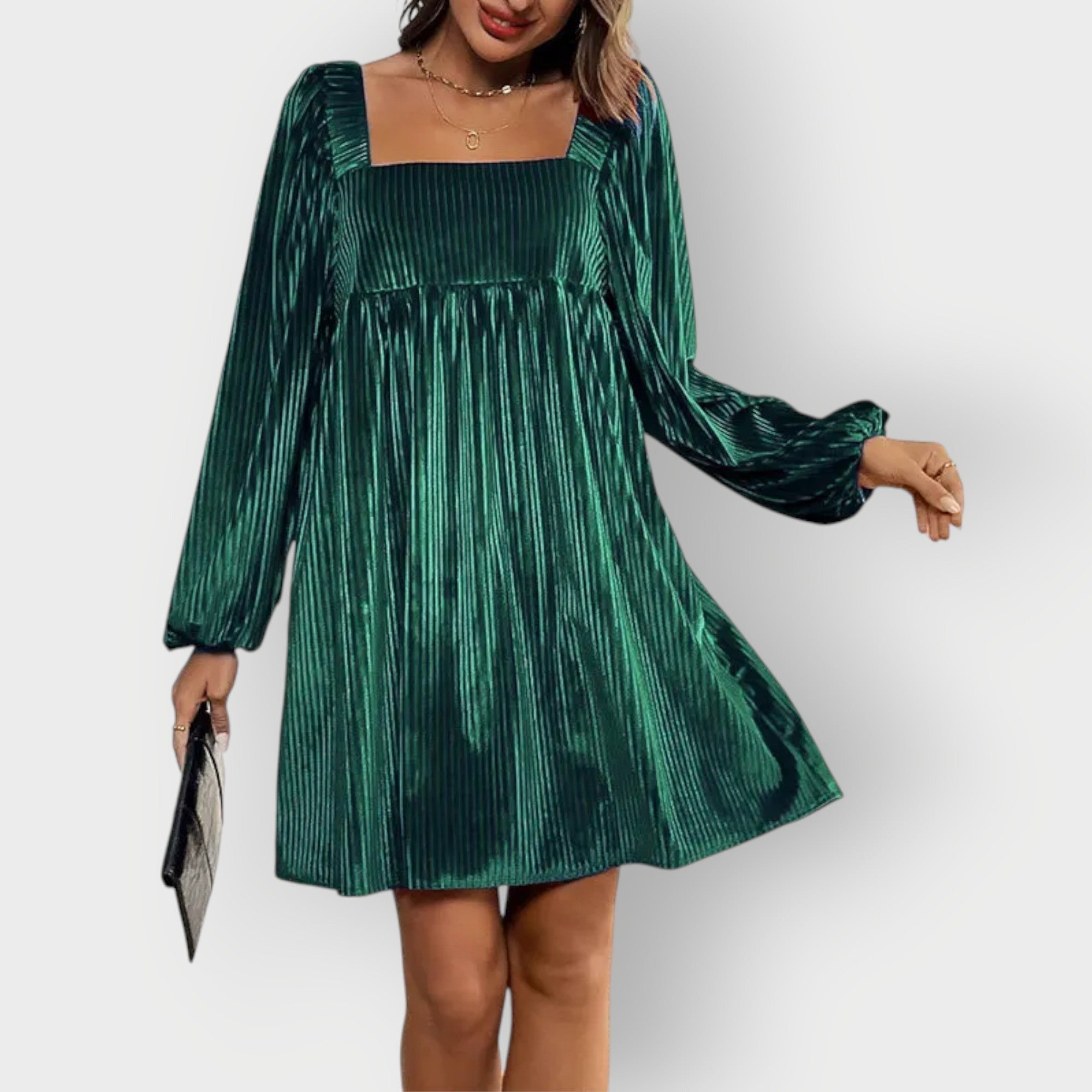 Pleated Babydoll Mini Dress - Dark Green