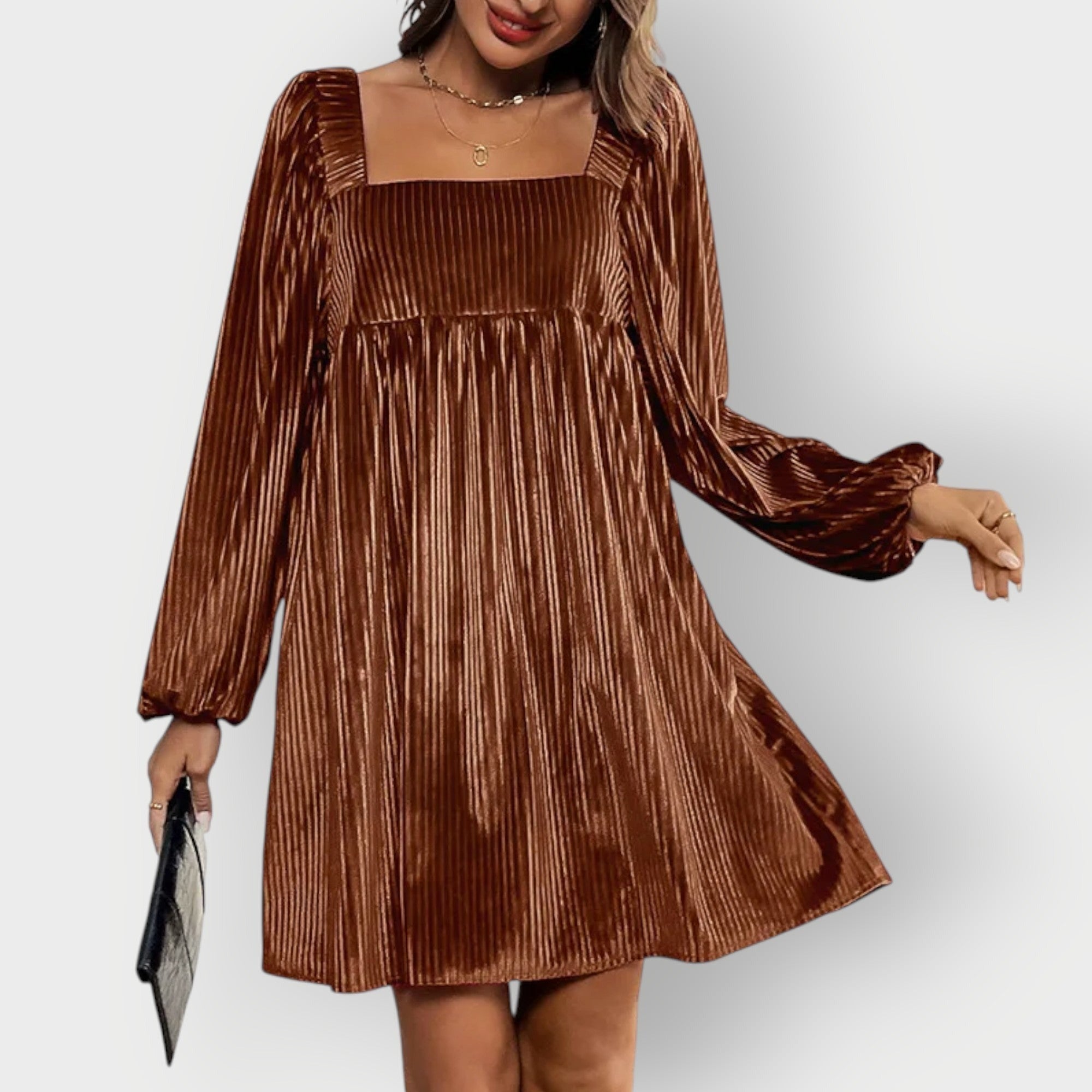 Pleated Babydoll Mini Dress - Brown
