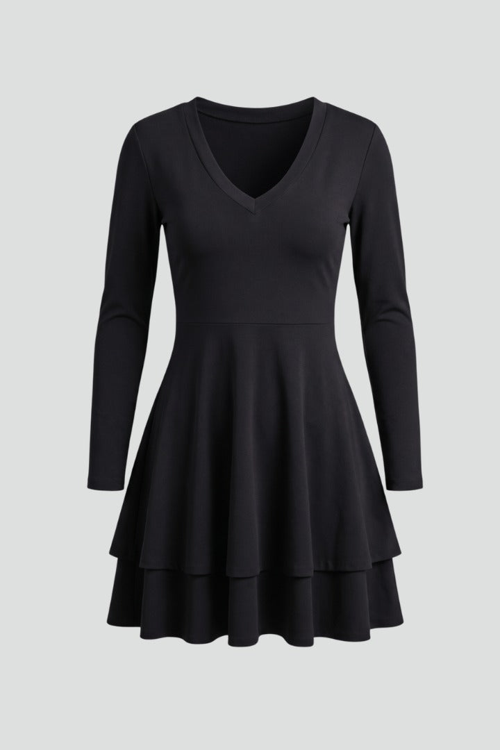 V Neck Long Sleeve Skater Dress
