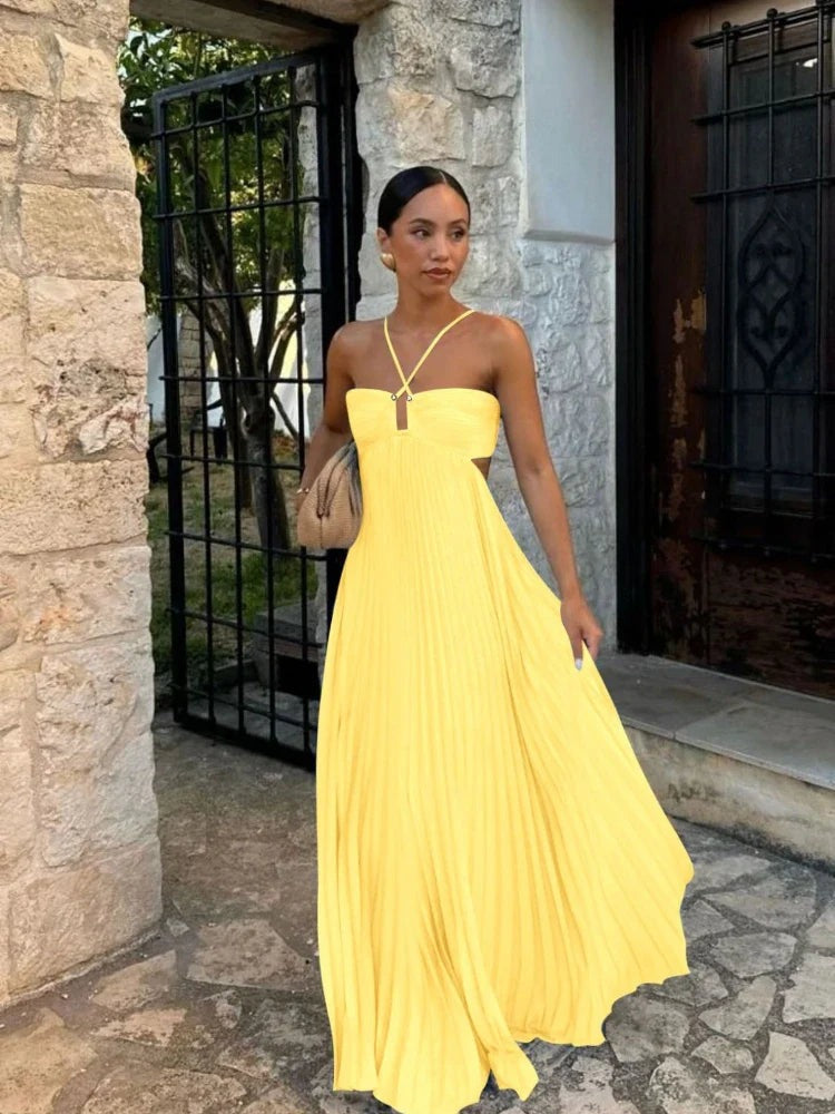 Pleated Halter Maxi Dress - Yellow