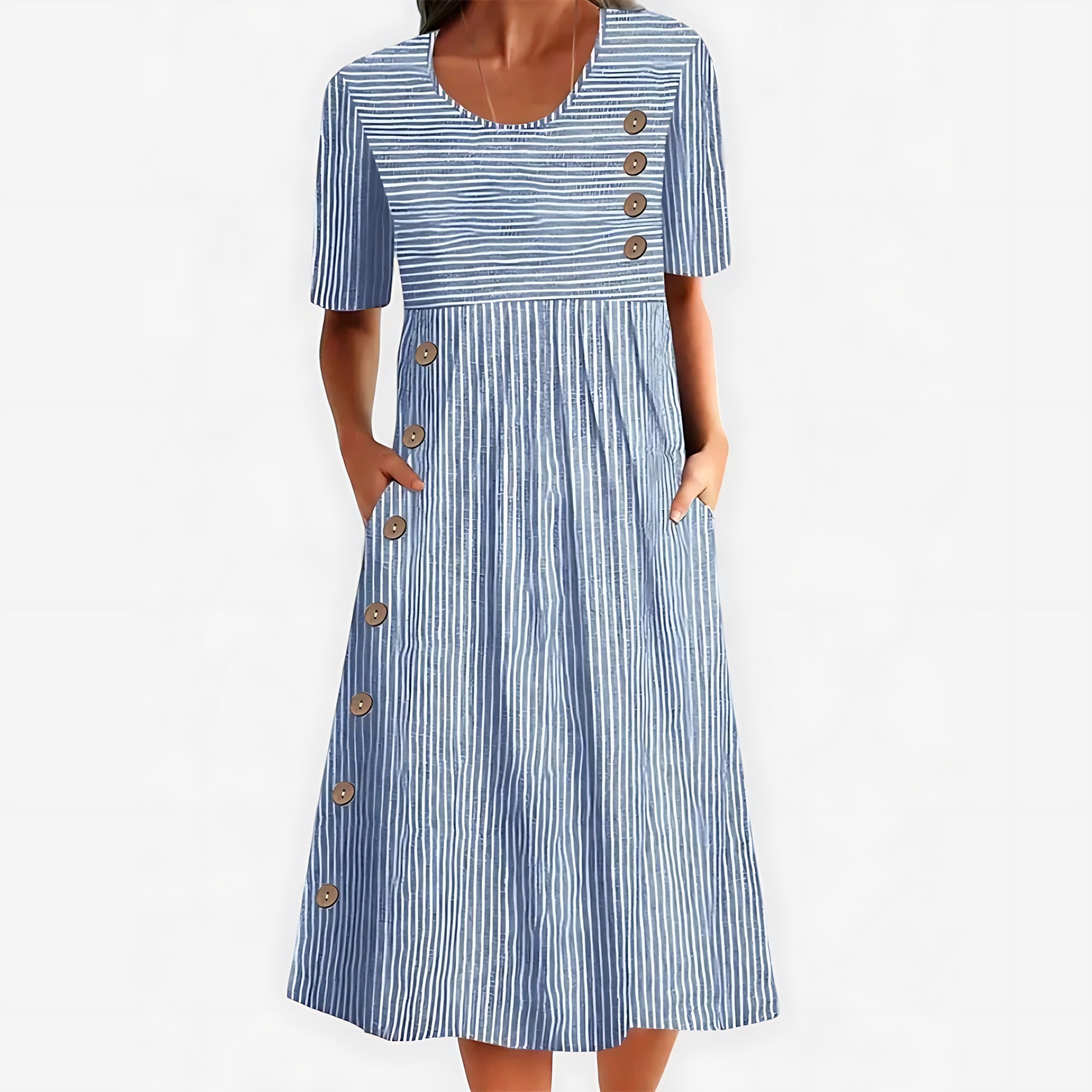 Short Sleeve A Line Midi Dress - Blue