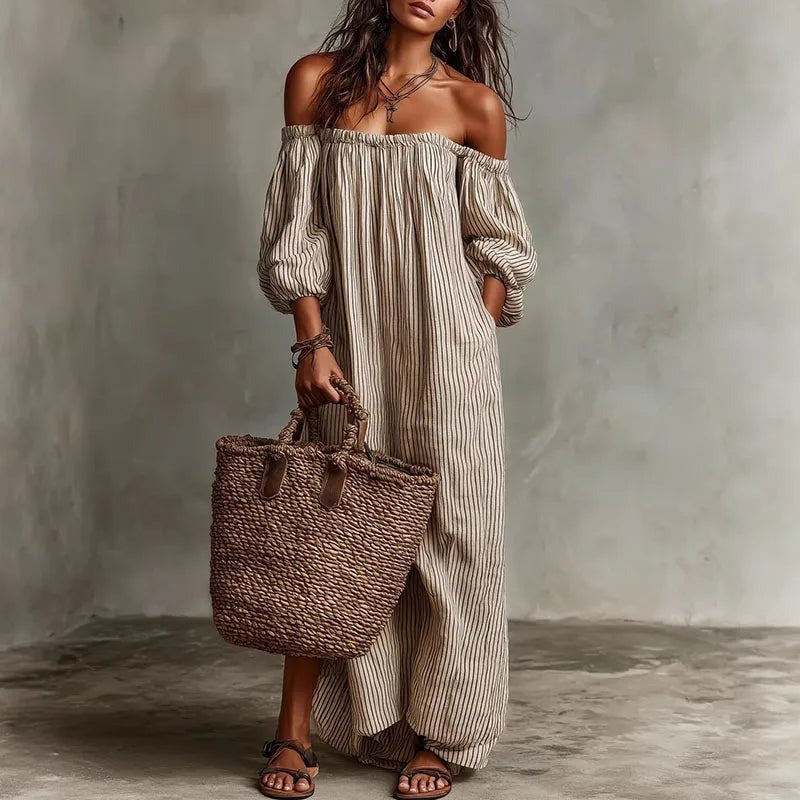 Off Shoulder Striped Maxi Dress - Gray