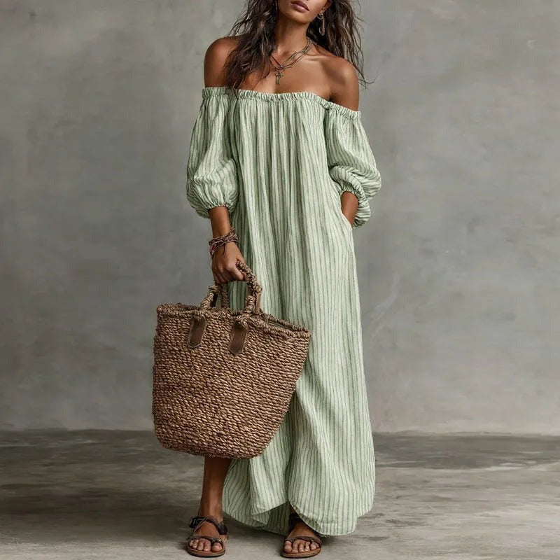 Off Shoulder Striped Maxi Dress - Light Green