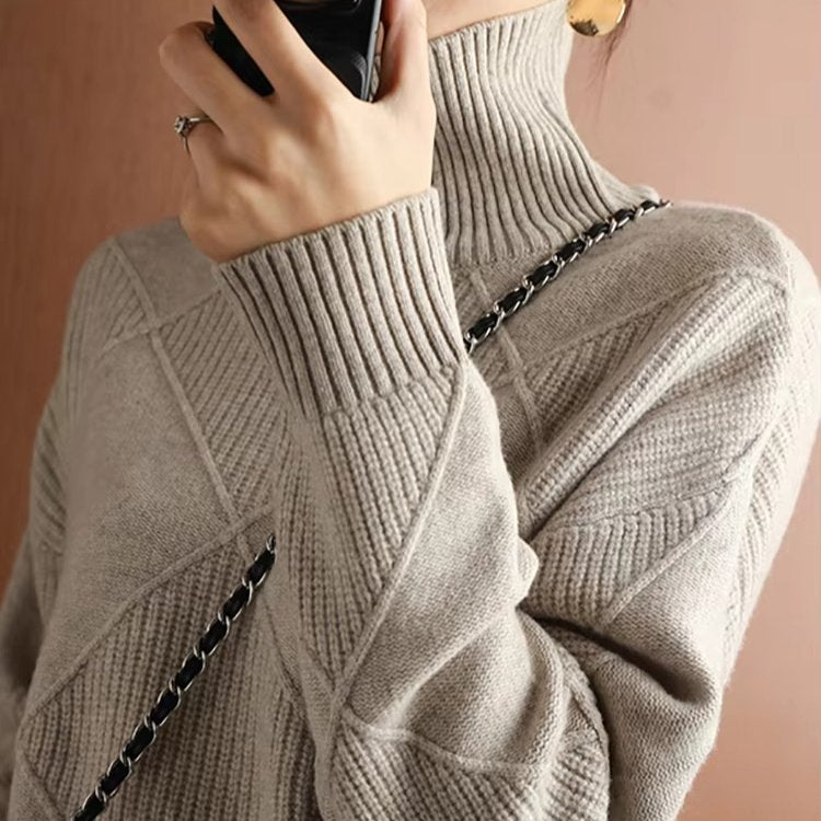 Women's Oversized Wool Turtleneck Sweater - Gray Khaki