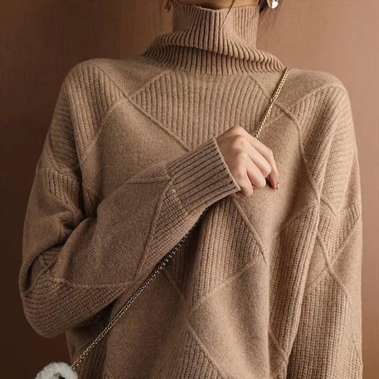 Women's Oversized Wool Turtleneck Sweater - Khaki