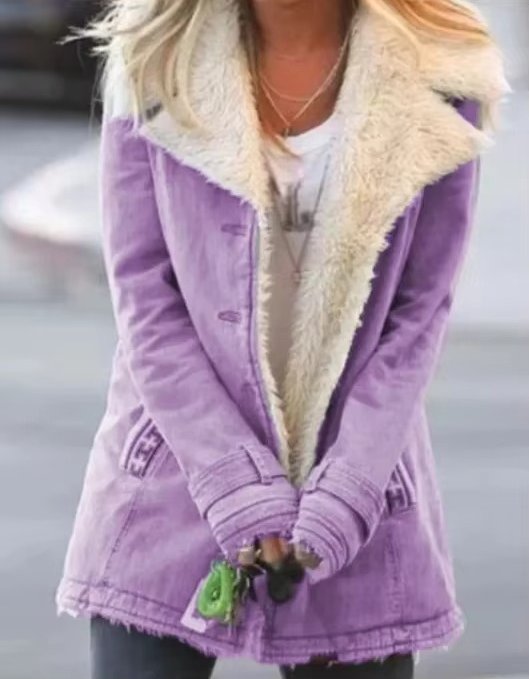 Women's Denim Faux Fur Jacket - Purple