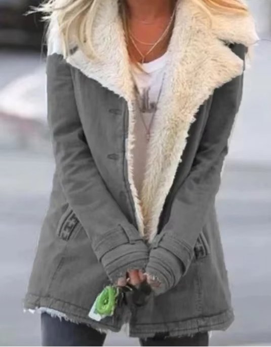 Women's Denim Faux Fur Jacket - Gray