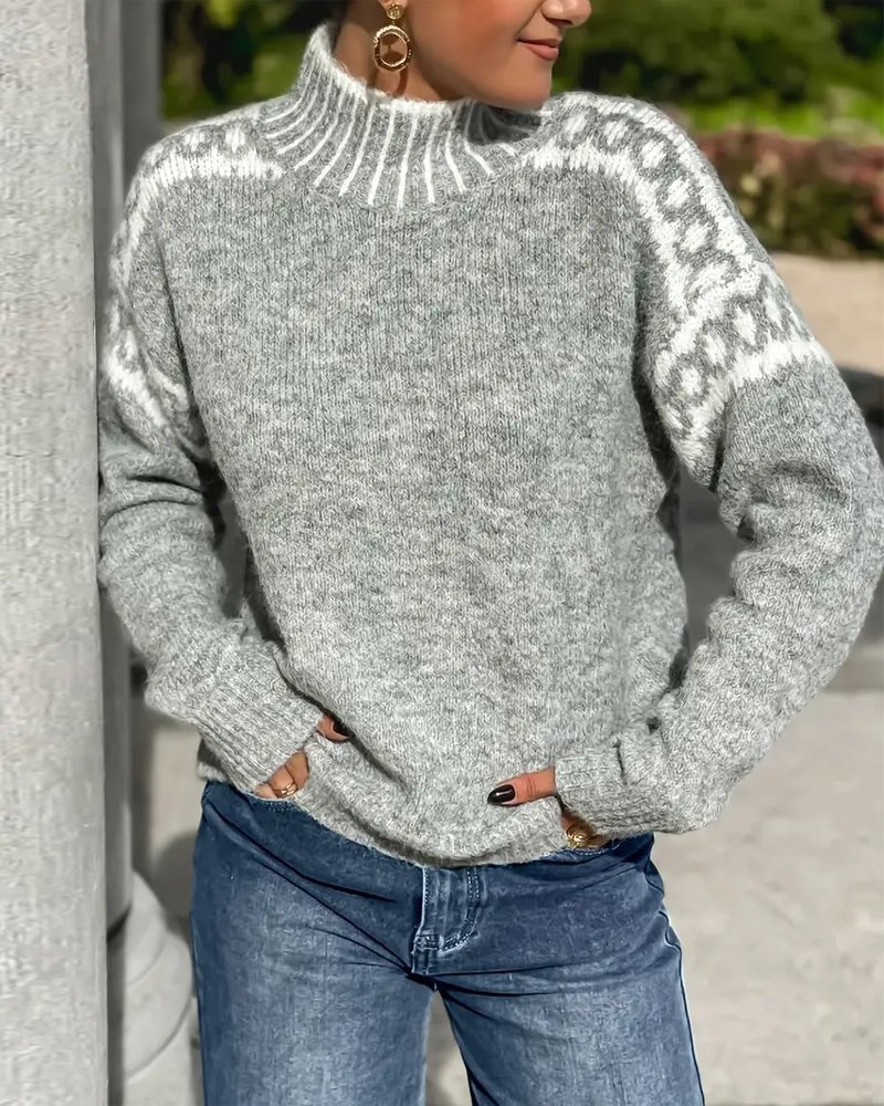 Women's Oversized Leopard Mock Neck Sweater - Gray