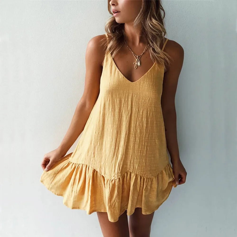 V Neck Ruffle Mini Dress - Yellow
