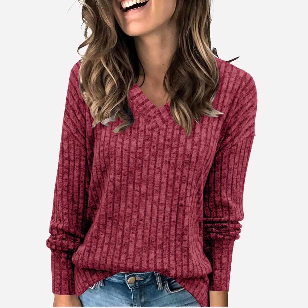 Women's V-Neck Knit Sweater - Burgundy