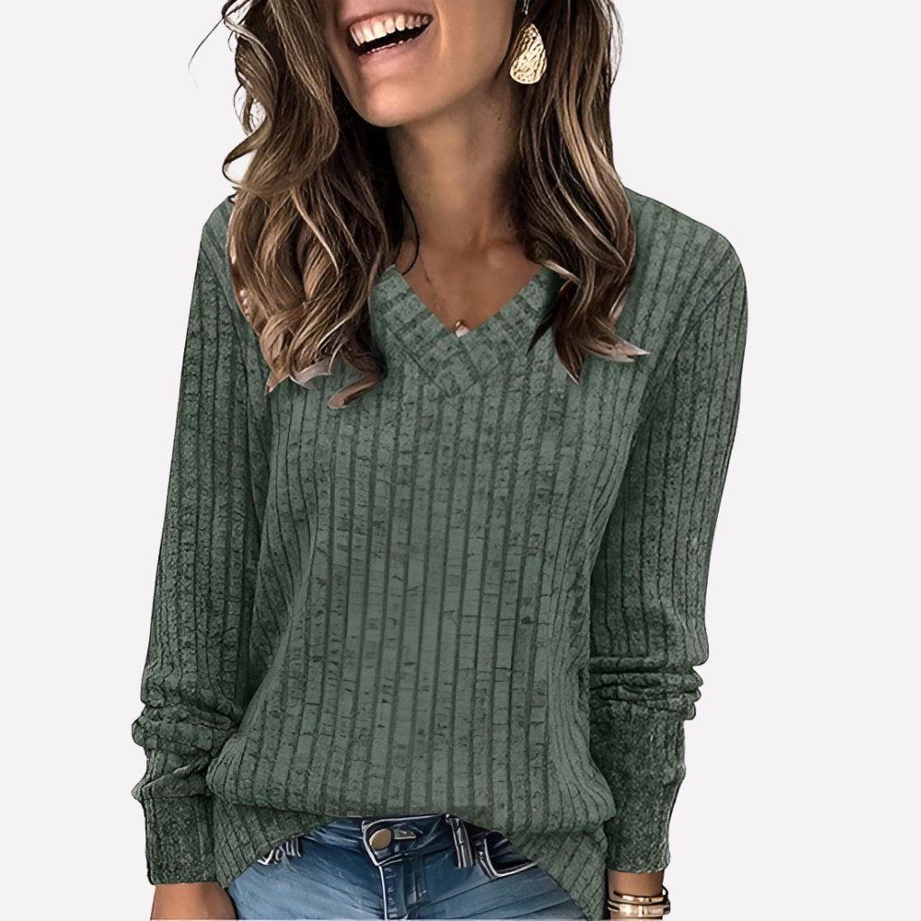 Women's V-Neck Knit Sweater - Green