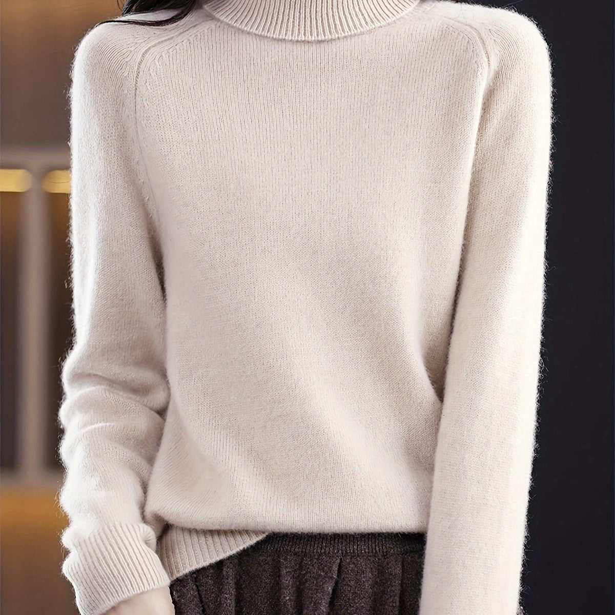 Women's Wool Turtleneck Sweater - Apricot