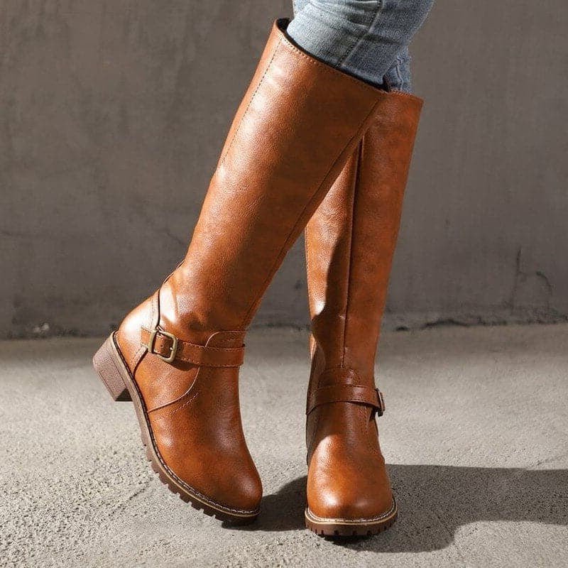 Women's Faux Leather Knee-High Riding Boots - Brown