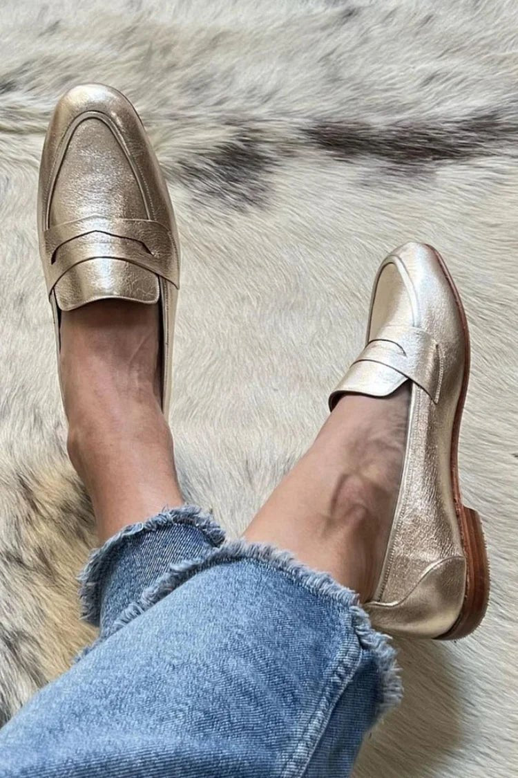 Women's Leather Penny Loafers - Gold