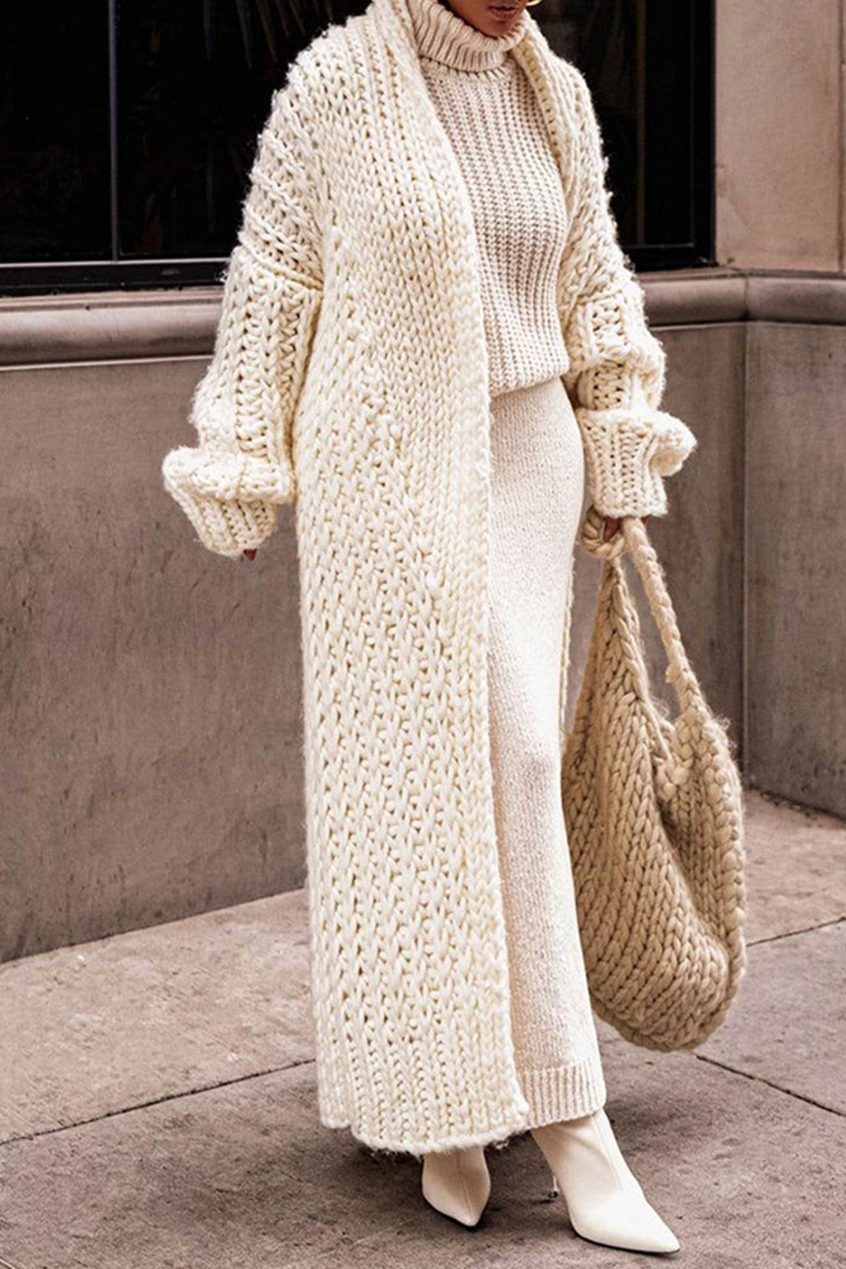 Women's Oversized Maxi Wool Cardigan - Beige