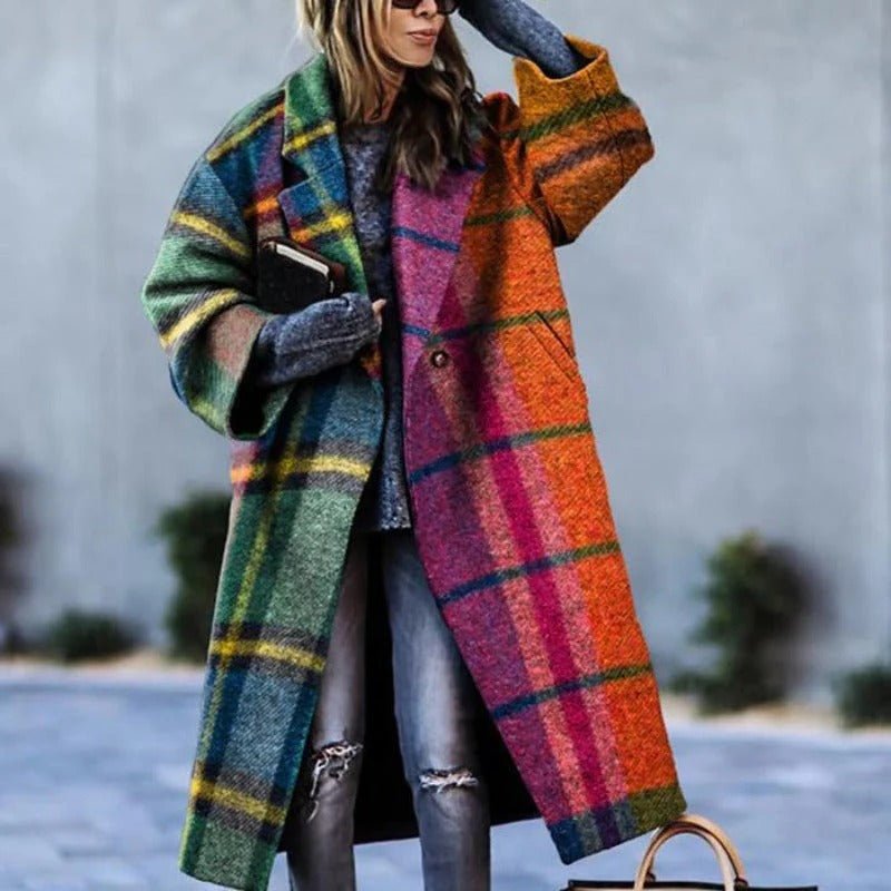 Women's Plaid Oversized Wool Coat - Orange