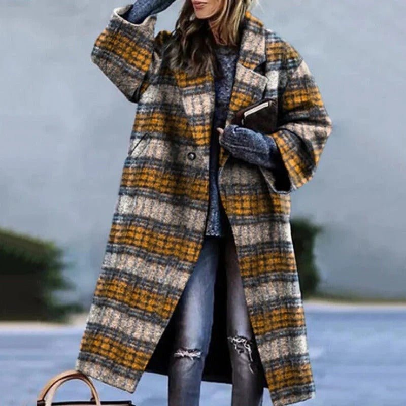 Women's Plaid Oversized Wool Coat - Yellow