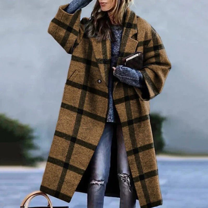 Women's Plaid Oversized Wool Coat - Khaki