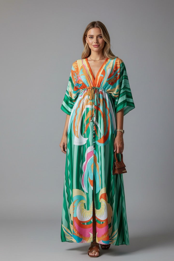 Printed Kimono Maxi Dress - Green