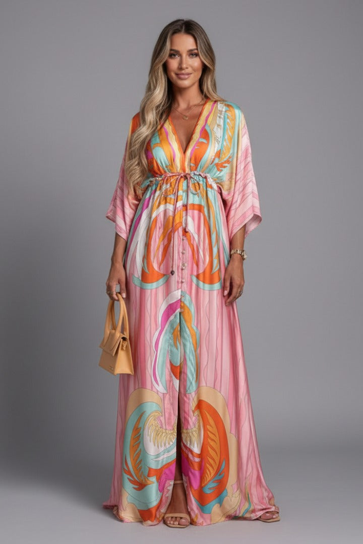 Printed Kimono Maxi Dress - Pink