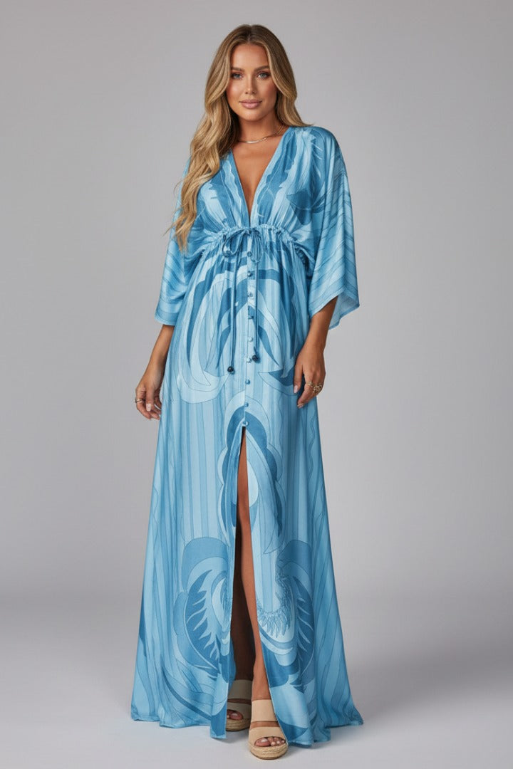 Printed Kimono Maxi Dress - Blue