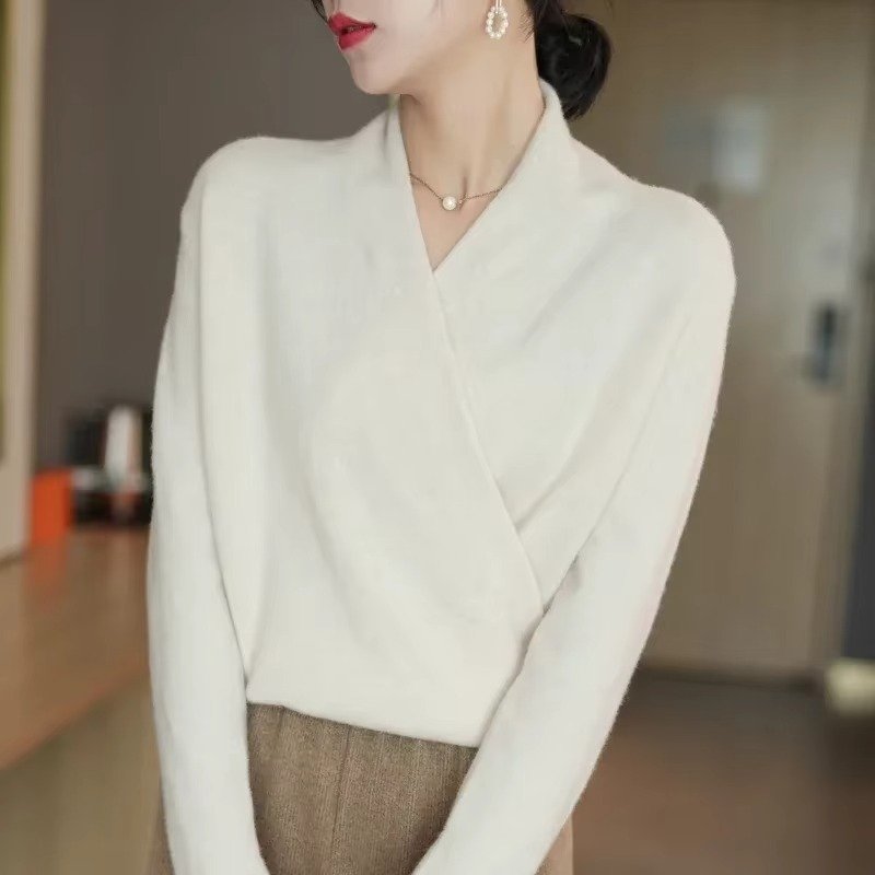 Women's V-Neck Wool Wrap Sweater - White