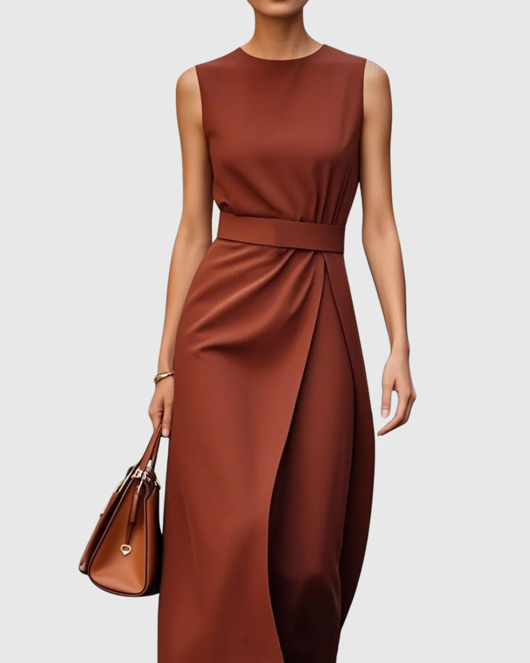 Formal Ruched Midi Dress - Dark Brown