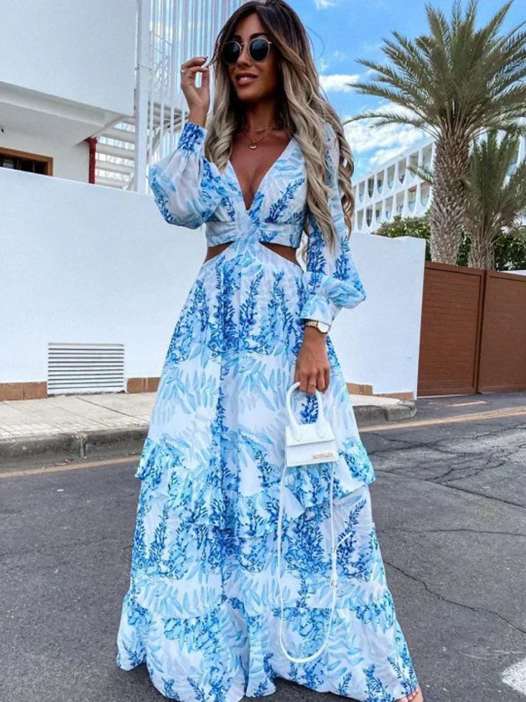 Tropical Print Maxi Dress - Blue