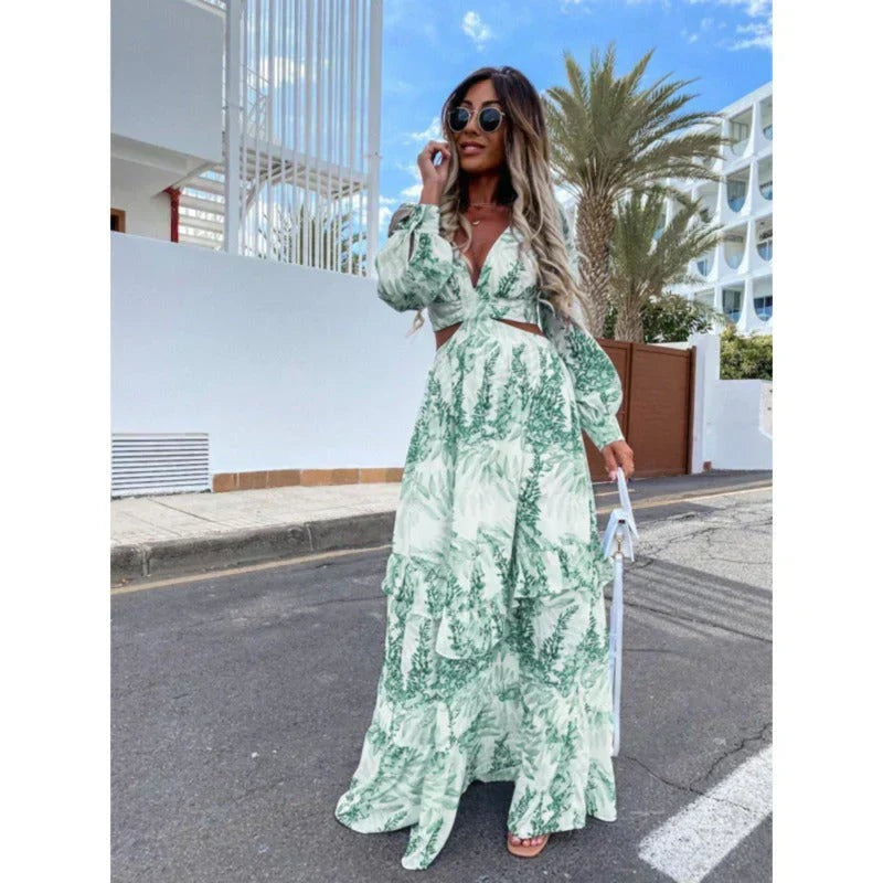 Tropical Print Maxi Dress - Green