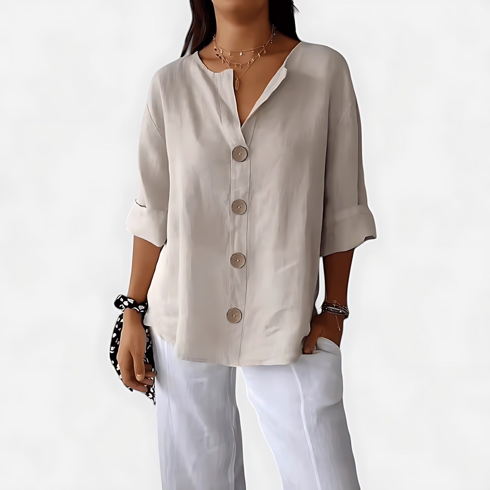 V Neck Long Sleeve Blouse - Apricot