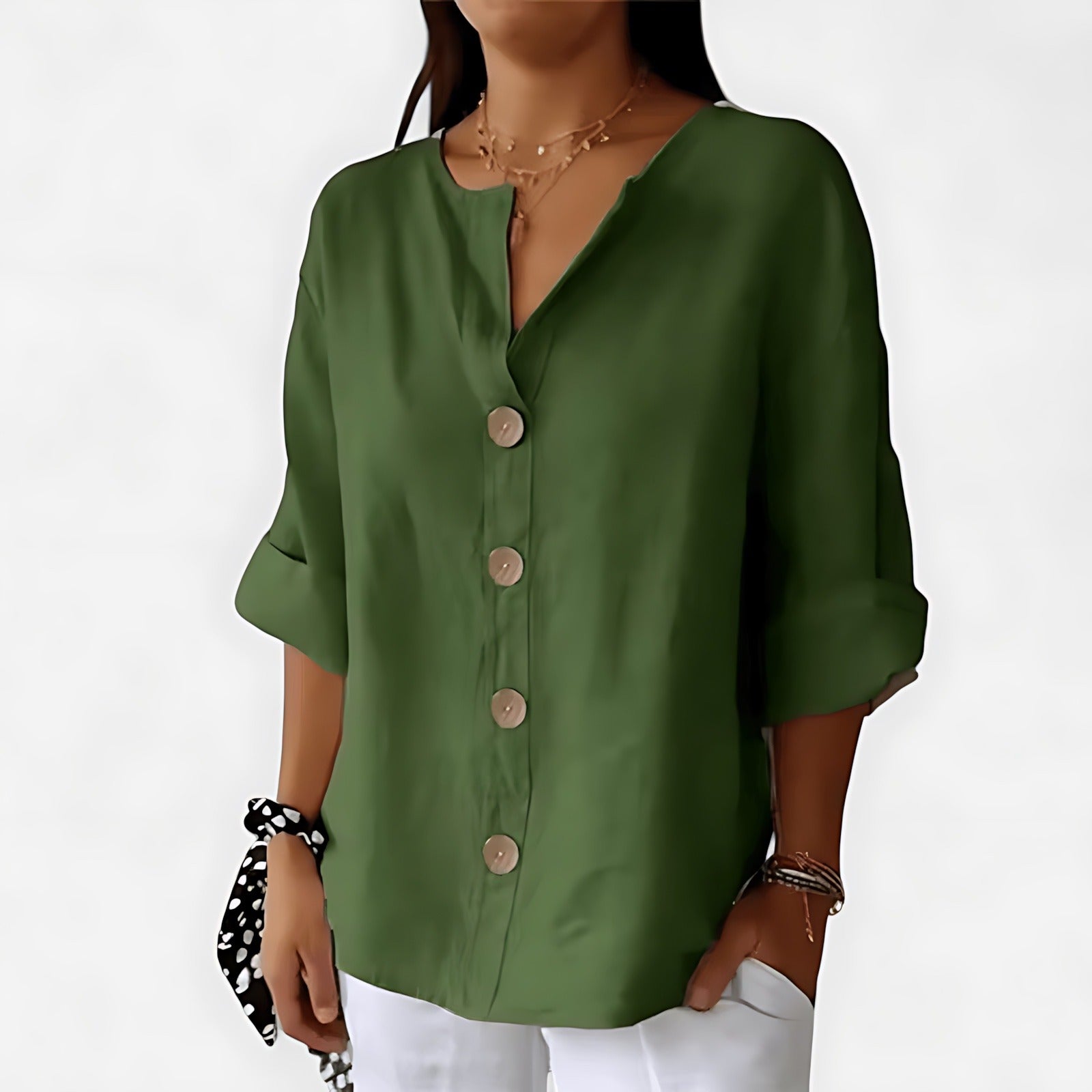 V Neck Long Sleeve Blouse - Army Green