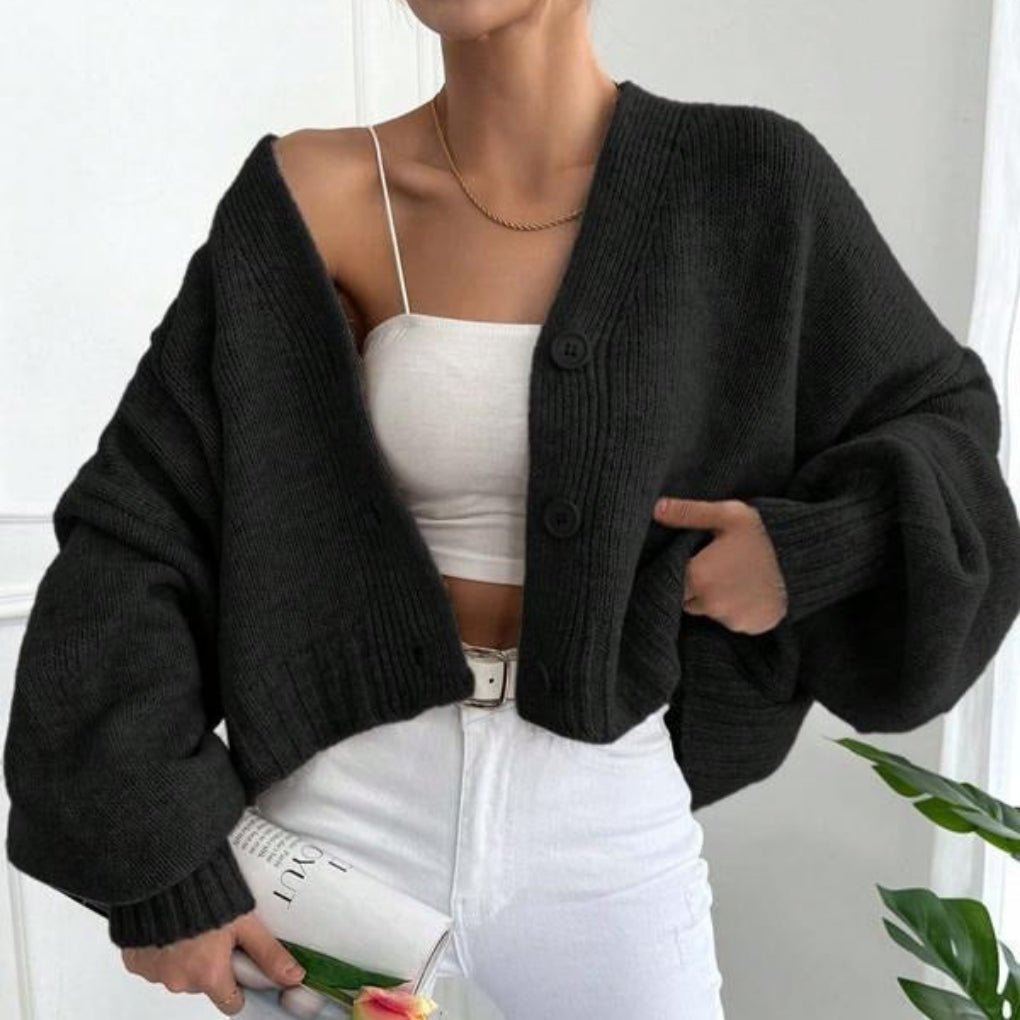Women's Chunky Knit Cropped Cardigan - Black