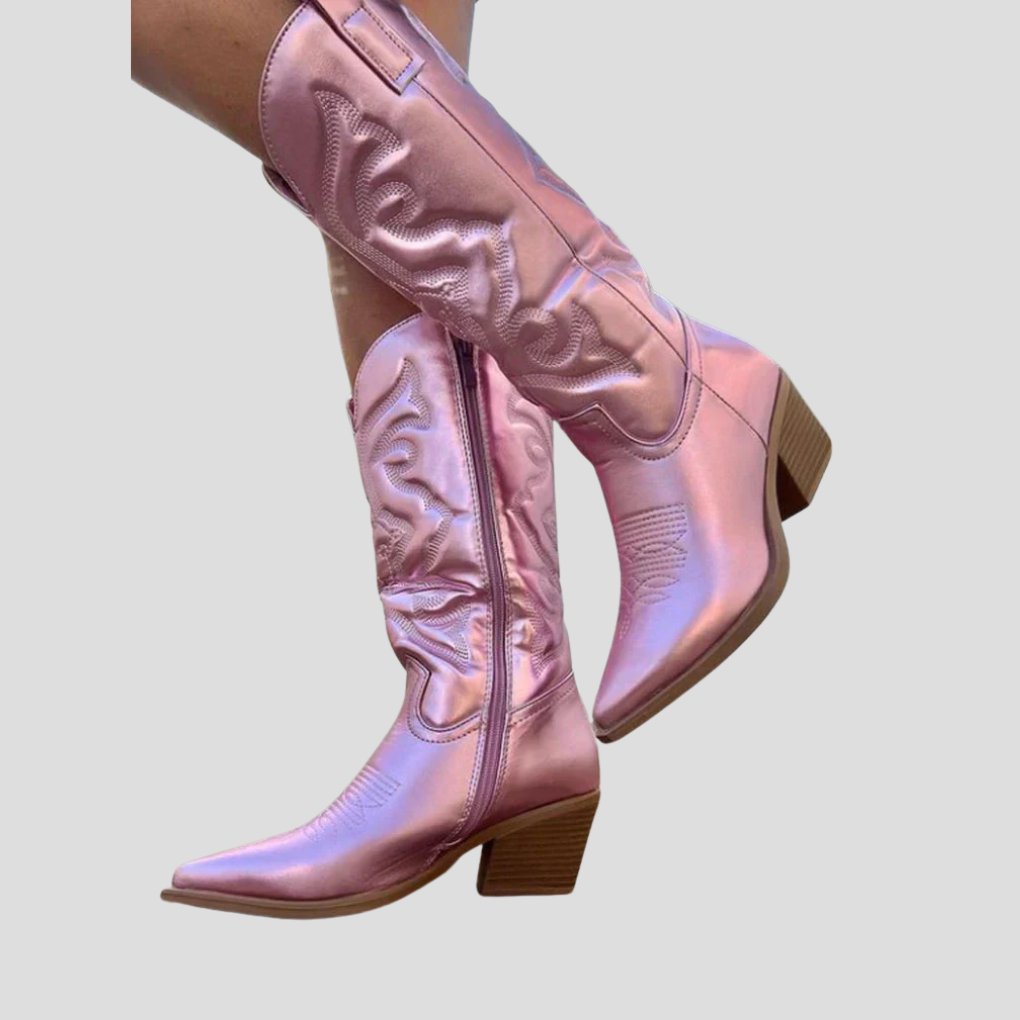Women's Knee-High Faux Leather Cowboy Boots - Pink
