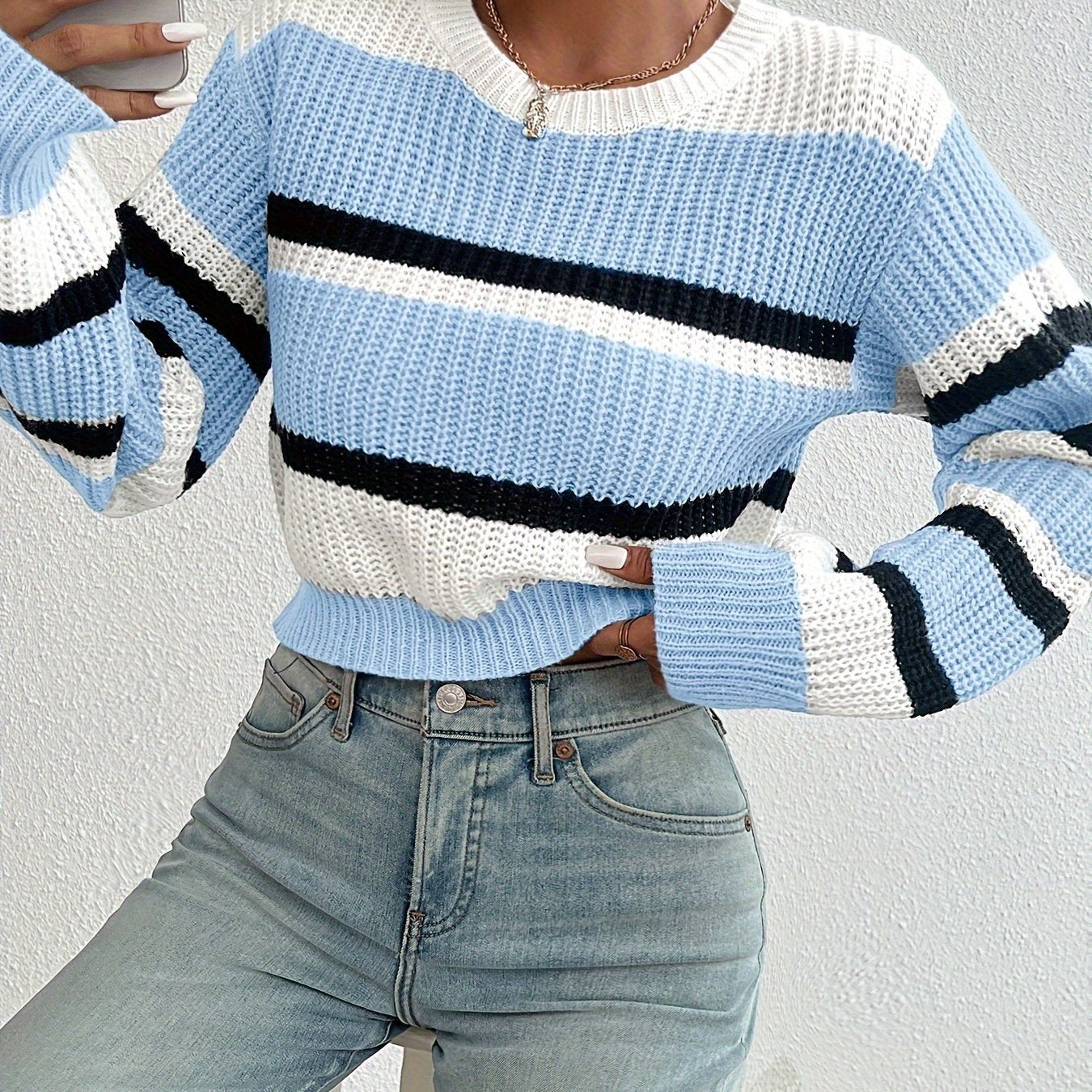 Women's Striped Cropped Sweater - Sky Blue