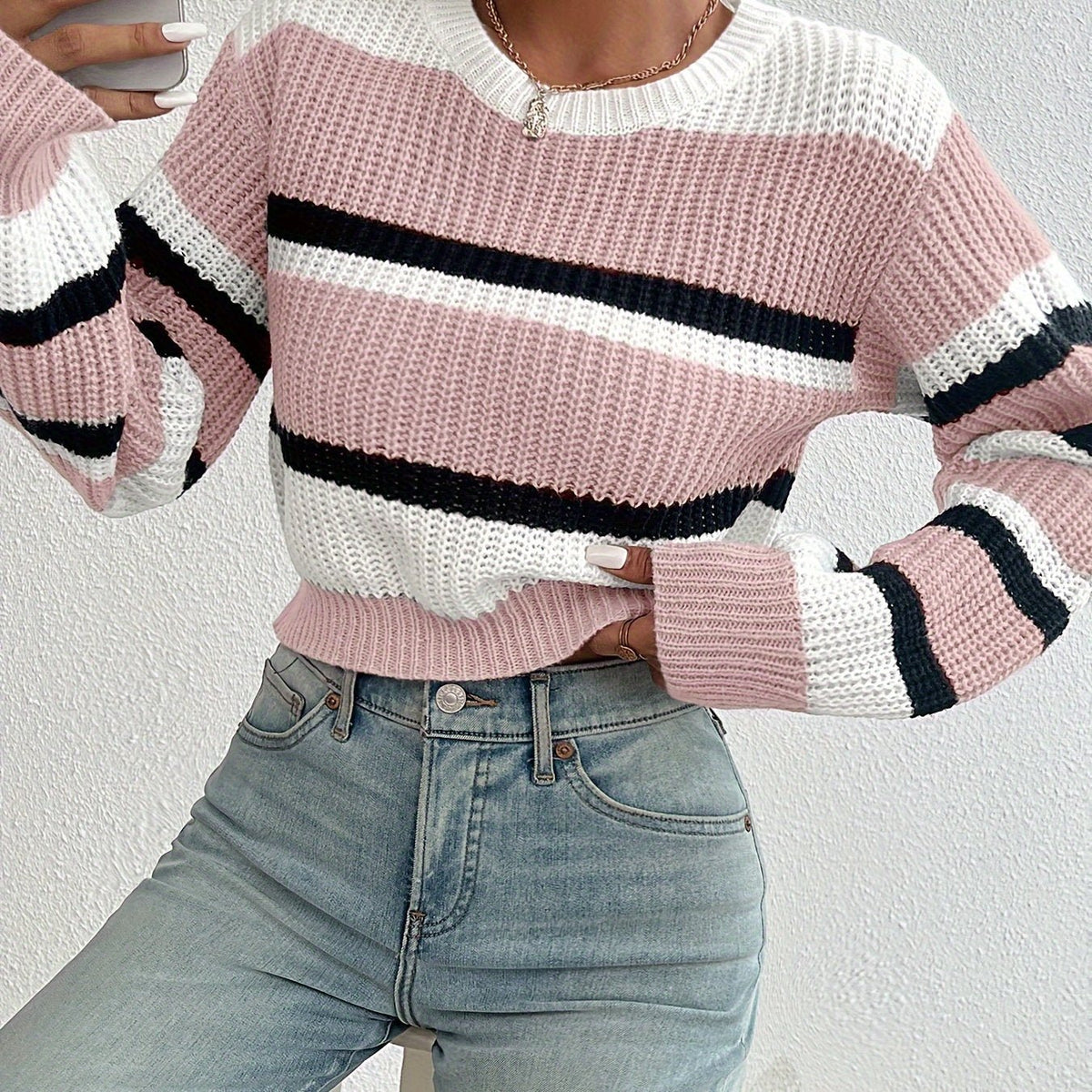 Women's Striped Cropped Sweater - Pink