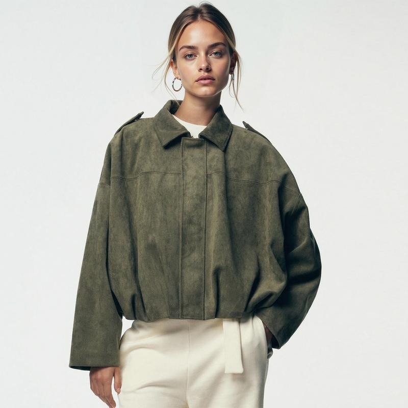 Women's Suede Cropped Jacket - Olive